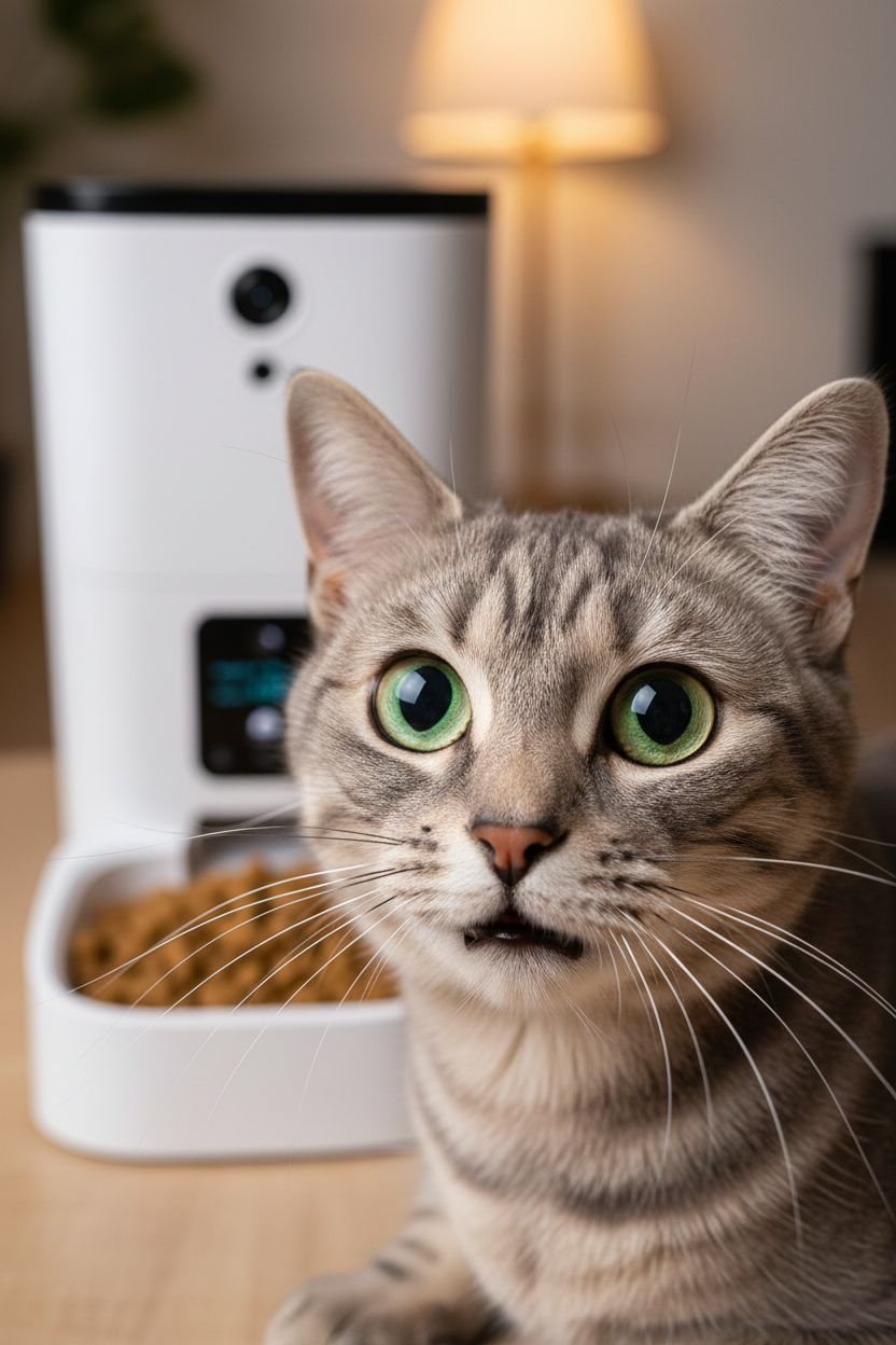 Gato emocionado con comedero atrás