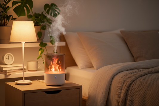 Humidificador Llama 3D en dormitorio moderno - Ambiente acogedor